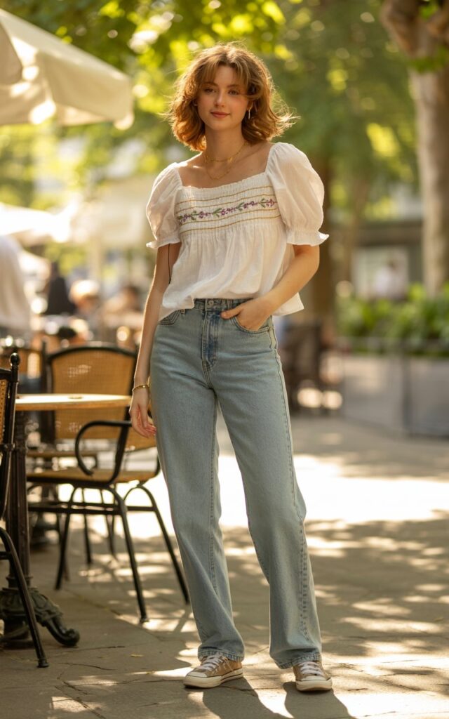 A natural-looking young woman wearing a smocked top paired with straight-leg jeans. Theme cute summer outfits