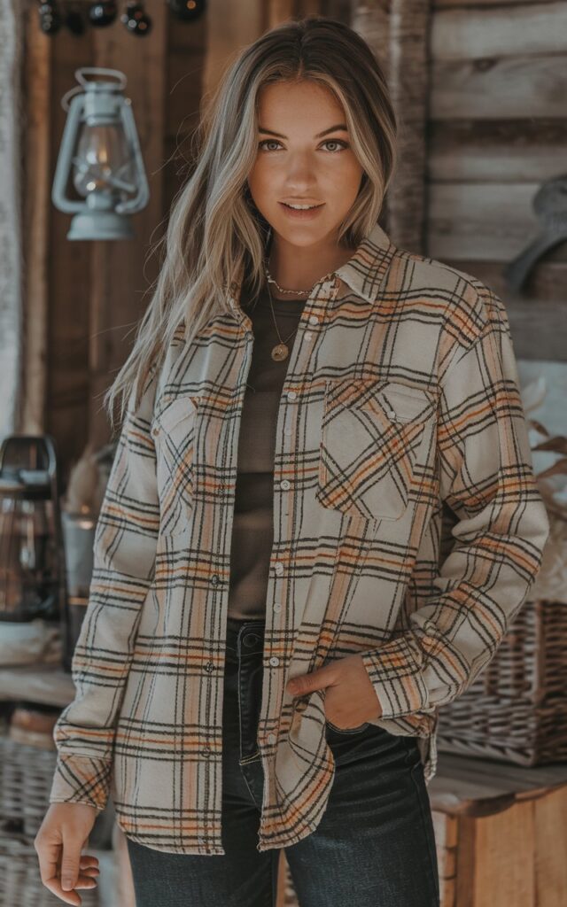A natural-looking young woman wearing a soft flannel shirt paired with dark-wash stretch denim. Theme thanksgiving outfit