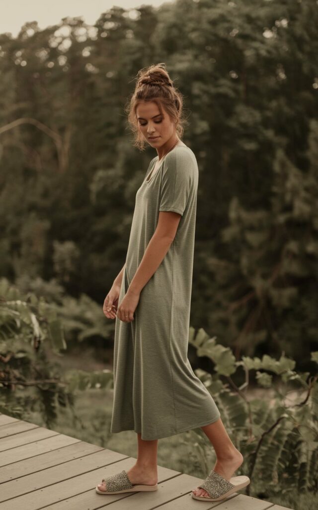 A natural-looking young woman wearing a soft jersey dress paired with slide sandals. Theme girly summer outfits