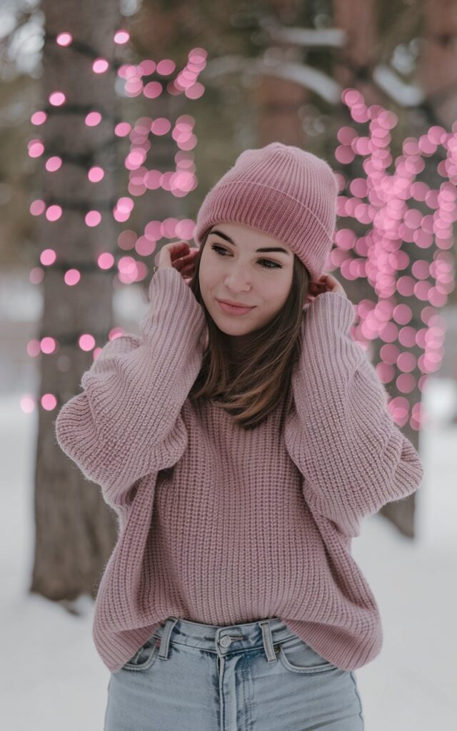 A natural-looking young woman wearing a soft pink knit sweater tucked into high-waisted jeans. Theme pink christmas outfit