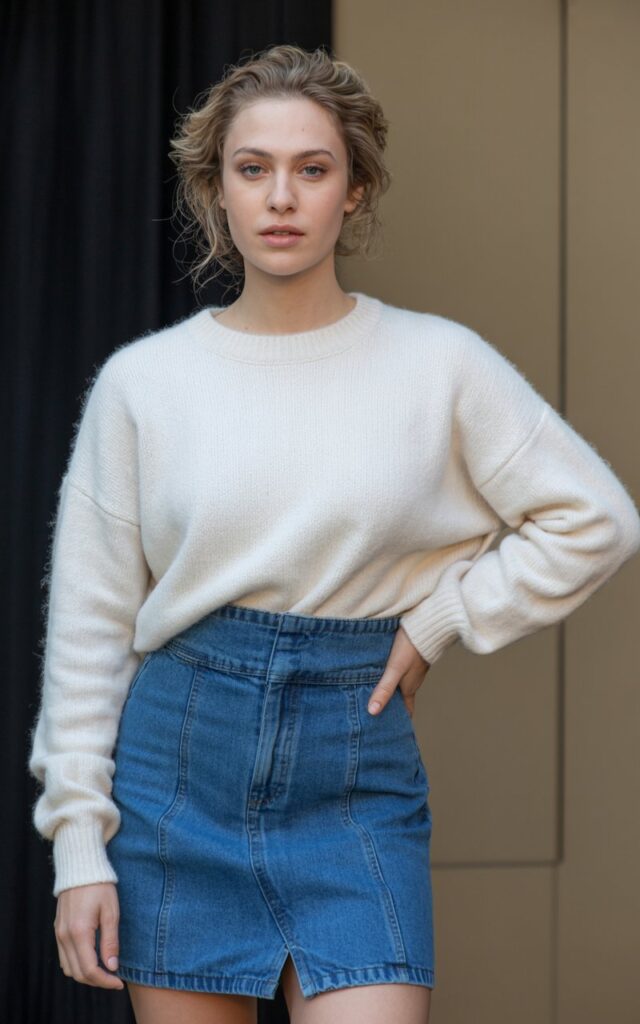 A natural-looking young woman wearing a soft sweater paired with a structured denim skirt. Theme jean skirt outfits