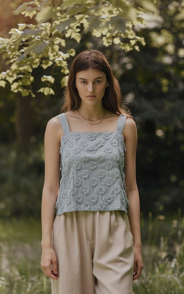 A natural-looking young woman wearing a square-neck top paired with relaxed trousers. Theme cute summer outfits