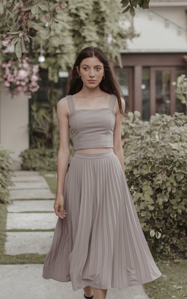 A natural-looking young woman wearing a square-neck top styled with a flowy A-line skirt. Theme girly summer outfits