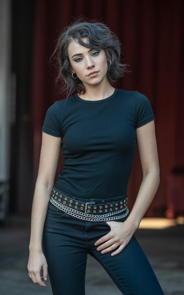 A natural-looking young woman wearing a statement belt featuring chains or grommets. Theme emo outfits