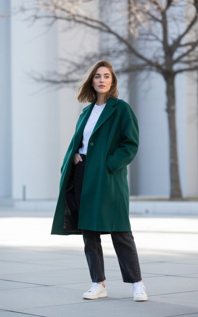 A natural-looking young woman wearing a statement coat with classic jeans and sneakers. Theme winter fashion outfits