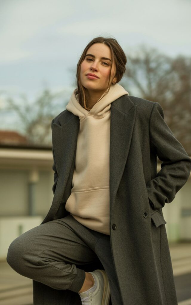 A natural-looking young woman wearing a structured coat layered over a hoodie and joggers with sneakers. Theme cold weather outfits