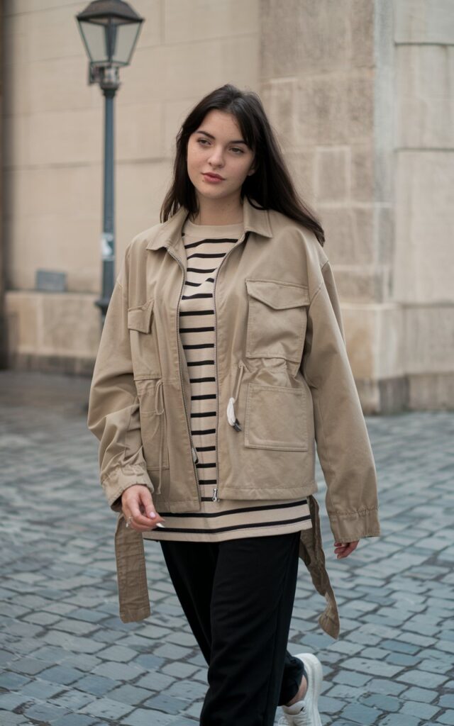 A natural-looking young woman wearing a structured jacket layered over a casual outfit. Theme fashion inspo outfits