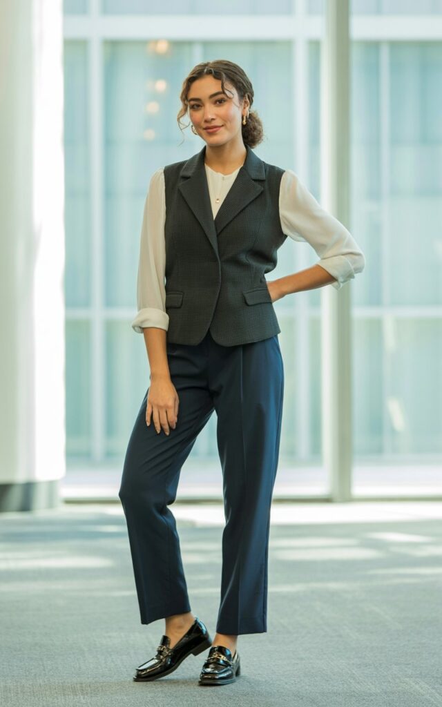A natural-looking young woman wearing a structured vest paired with straight-leg pants. Theme business casual outfits