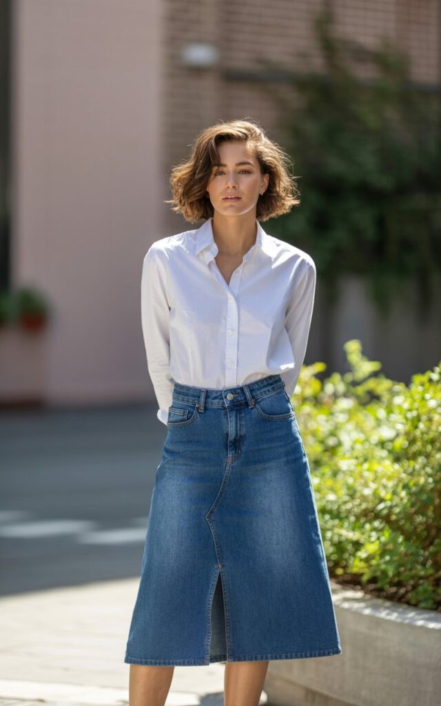 A natural-looking young woman wearing a structured white button-down tucked into a midi jean skirt. Theme jean skirt outfits