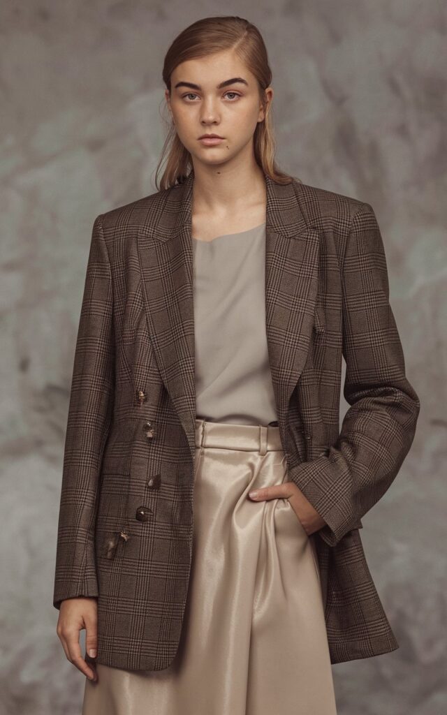 A natural-looking young woman wearing a tailored blazer layered over a sleek monochrome base. Theme holiday party outfit