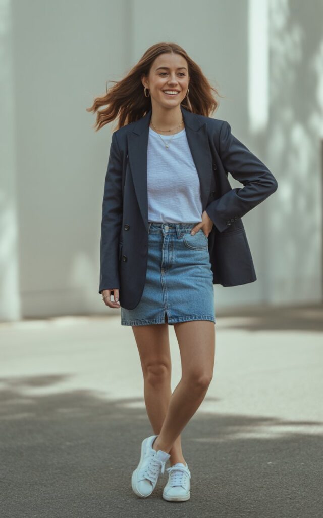 A natural-looking young woman wearing a tailored blazer over a simple top with a casual jean skirt. Theme jean skirt outfits