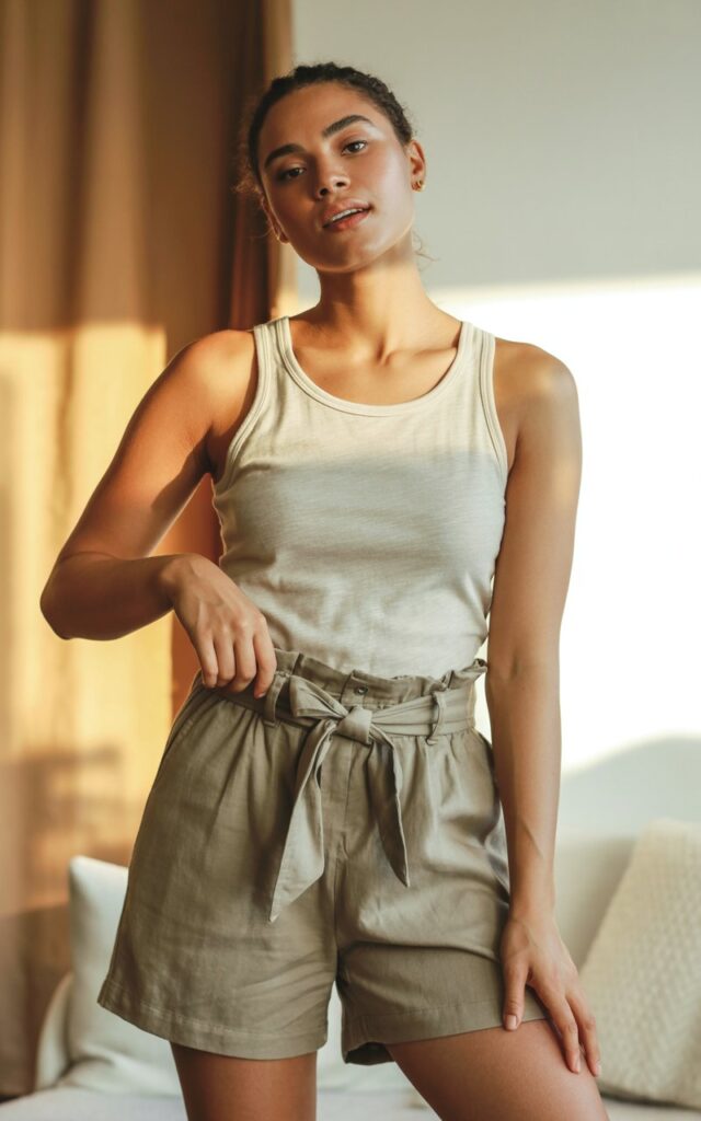 A natural-looking young woman wearing a tank top tucked into paperbag waist shorts. Theme shorts outfits