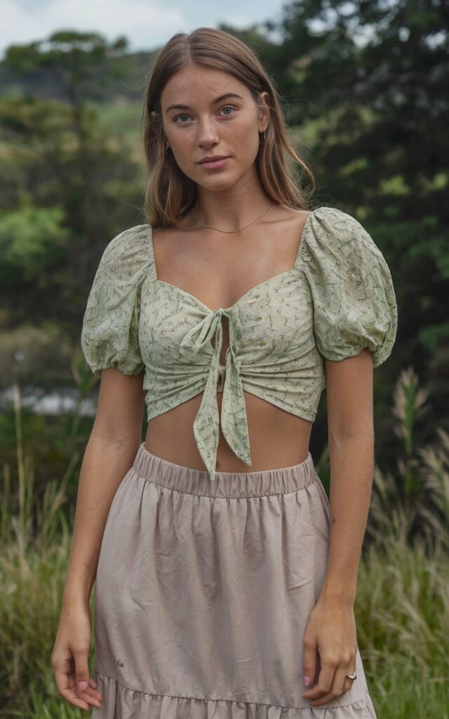 A natural-looking young woman wearing a tie-front top styled with a relaxed midi skirt. Theme girly summer outfits