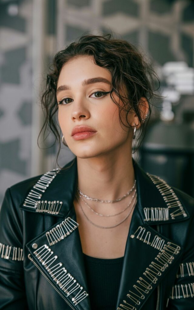 A natural-looking young woman wearing a top or jacket detailed with visible safety pins. Theme emo outfits