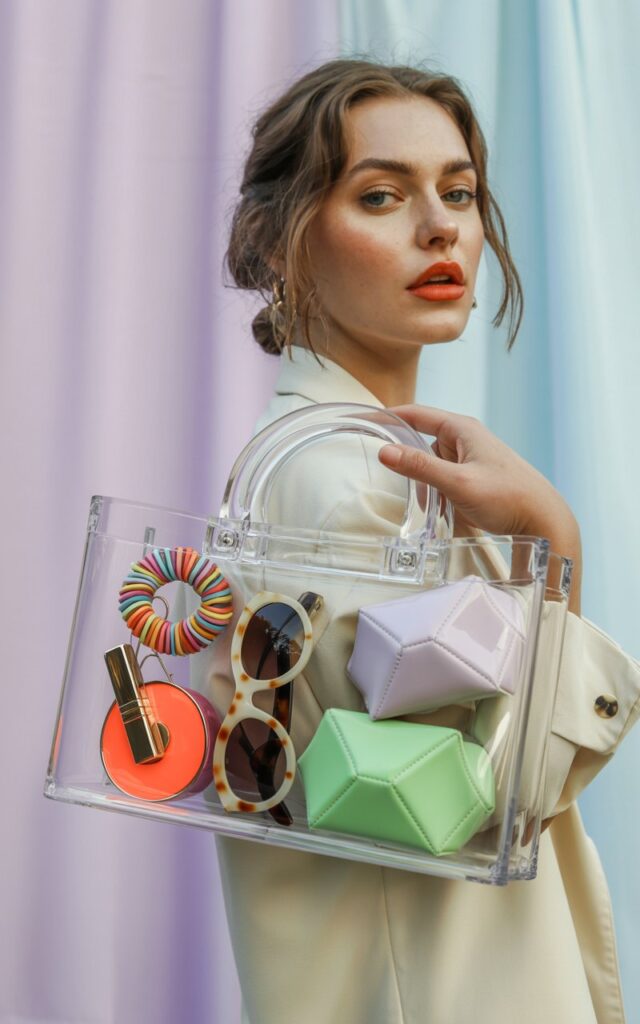 A natural-looking young woman wearing a transparent handbag showing colorful accessories inside. Theme quirky fashion