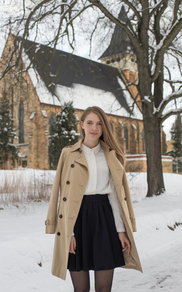 A natural-looking young woman wearing a trench coat layered over a polished Sunday outfit. Theme church winter outfit