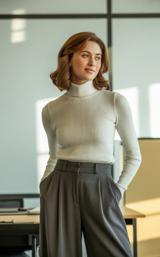 A natural-looking young woman wearing a turtleneck paired with wide-leg trousers. Theme business casual outfits