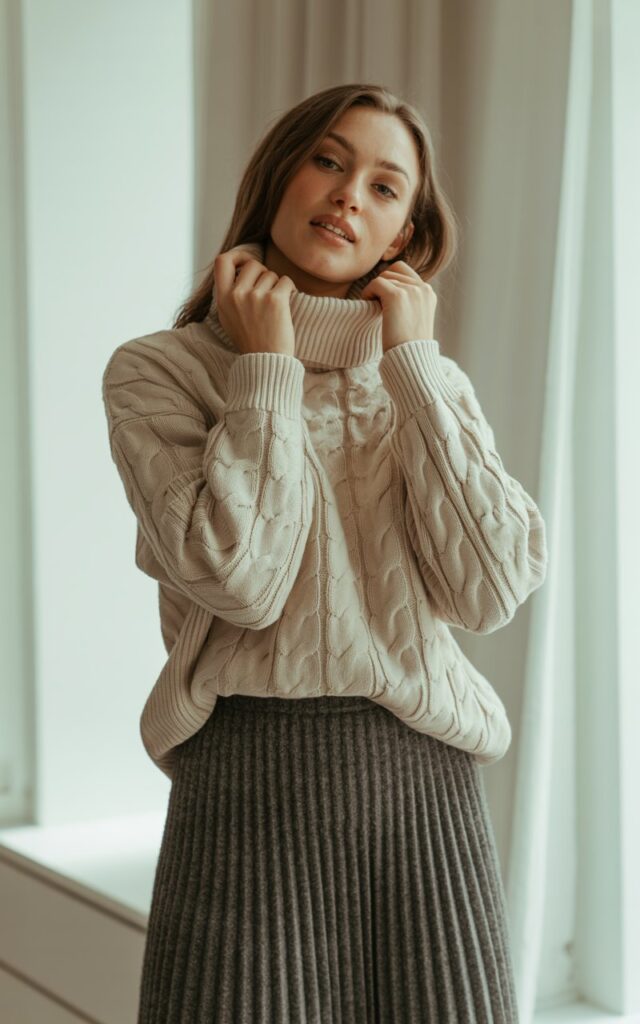 A natural-looking young woman wearing a turtleneck sweater with a pleated skirt. Theme: winter fashion outfits