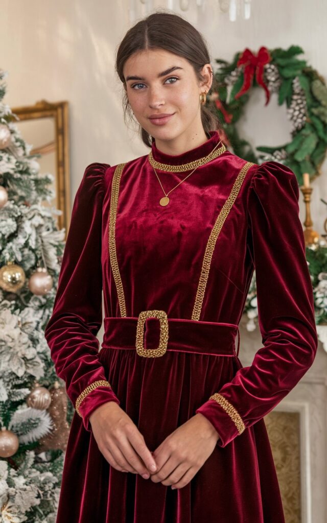 A natural-looking young woman wearing a velvet dress with a rich, festive texture. Theme holiday party outfit