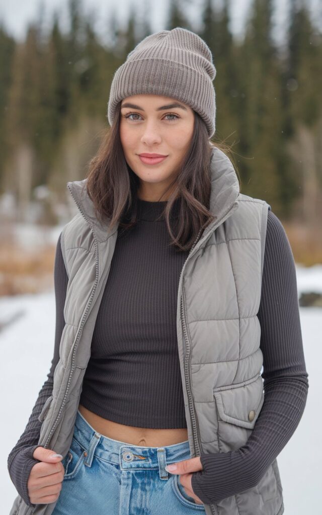 A natural-looking young woman wearing a winter vest layered over a fitted long-sleeve top with jeans. Theme winter fashion outfits