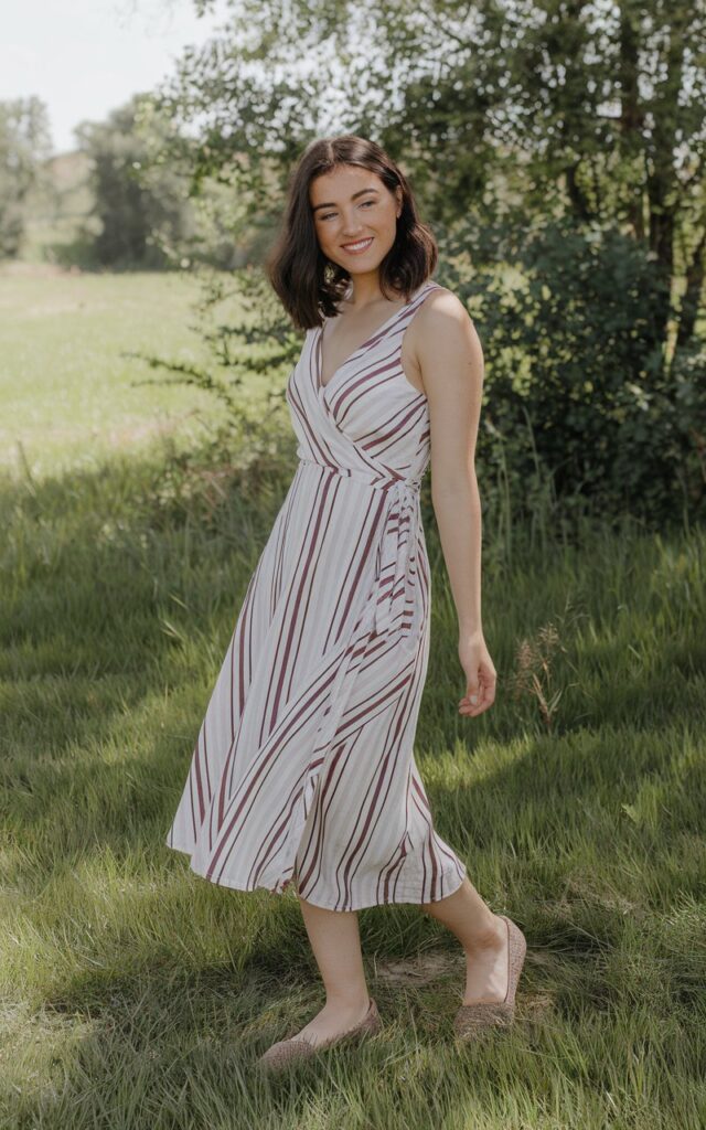 A natural-looking young woman wearing a wrap dress styled with comfortable flats. Theme fashion inspo outfits
