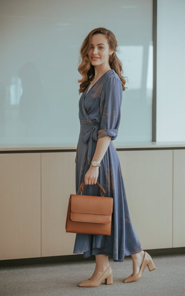 A natural-looking young woman wearing a wrap dress with low heels. Theme business casual outfits