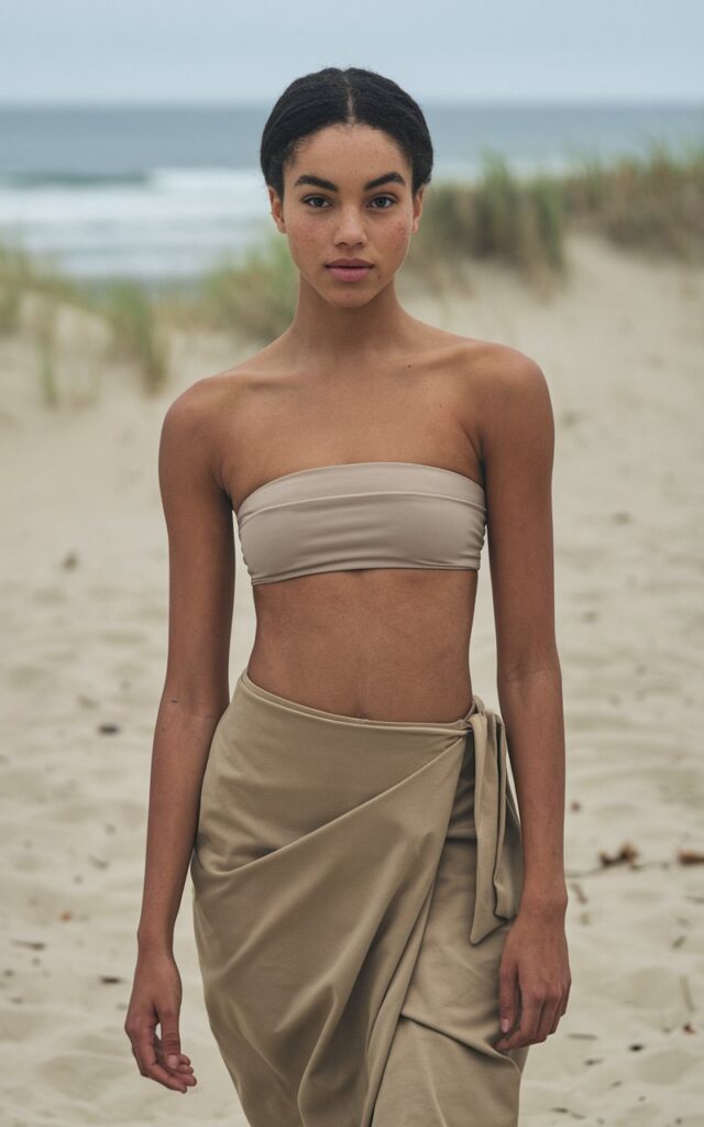 A natural-looking young woman wearing a wrap skirt with a simple bandeau top. Theme beach outfits