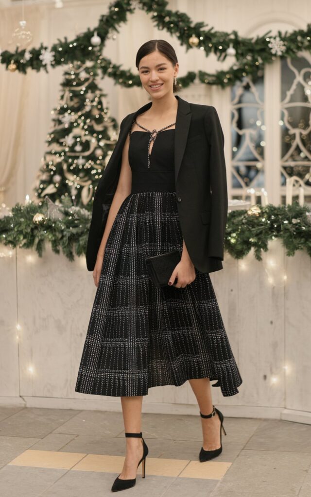 A natural-looking young woman wearing an all-black outfit styled with bold heels and a clutch. Theme holiday party outfit