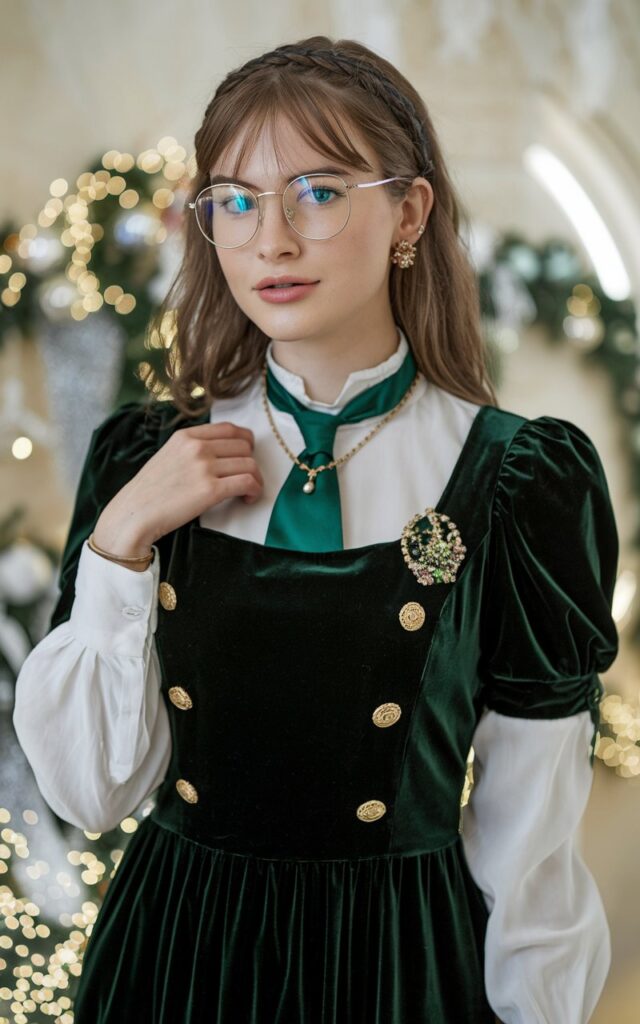 A natural-looking young woman wearing an elegant outfit finished with gold accessories. Theme holiday party outfit
