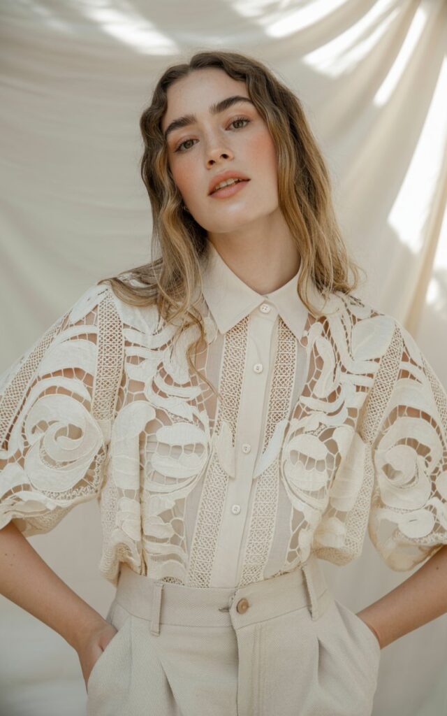 A natural-looking young woman wearing an off-white lace top styled with beige trousers. Theme Lace Tops and Outfits