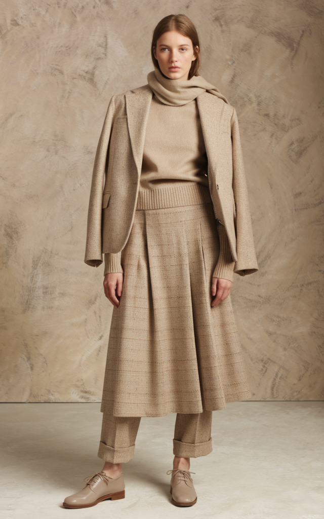 A natural-looking young woman wearing an outfit made from soft fabrics like cashmere, wool, or tweed. Theme church winter outfit