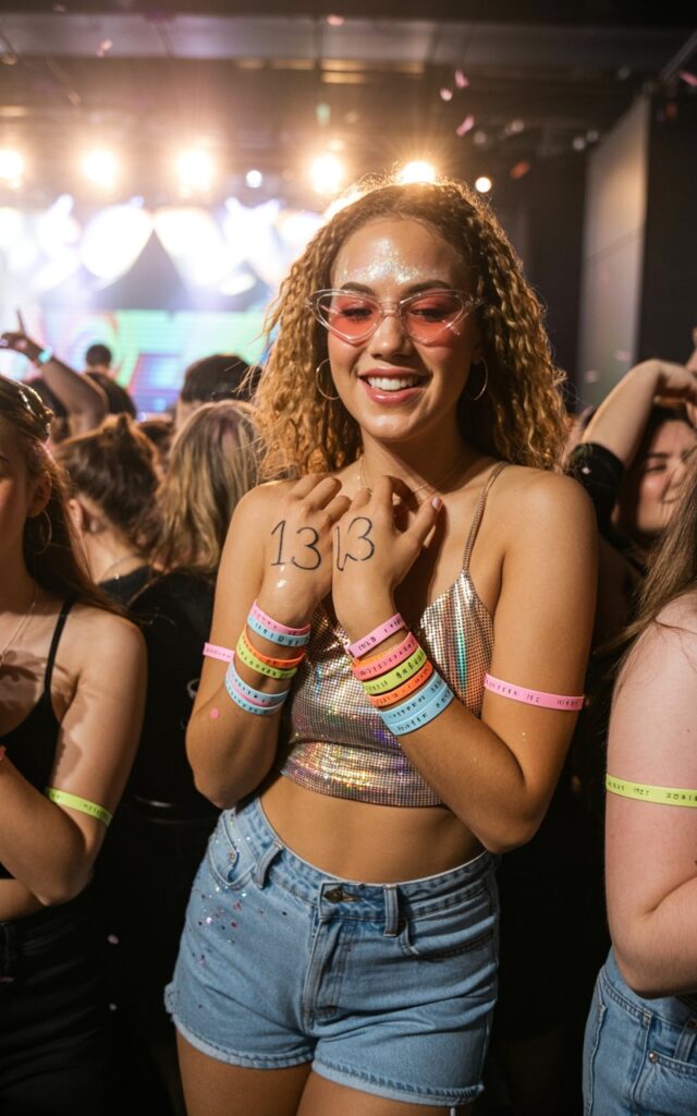 A natural-looking young woman wearing an outfit personalized with friendship bracelets and era-themed details. Theme eras tour outfits