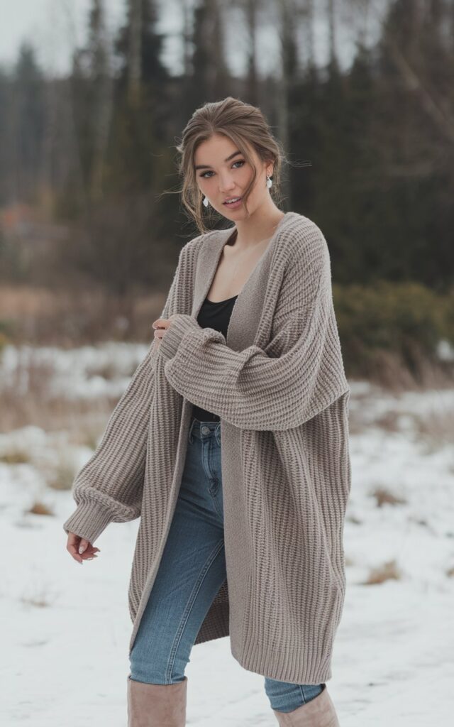 A natural-looking young woman wearing an oversized cardigan balanced with fitted jeans and knee-high boots. Theme winter fashion outfits