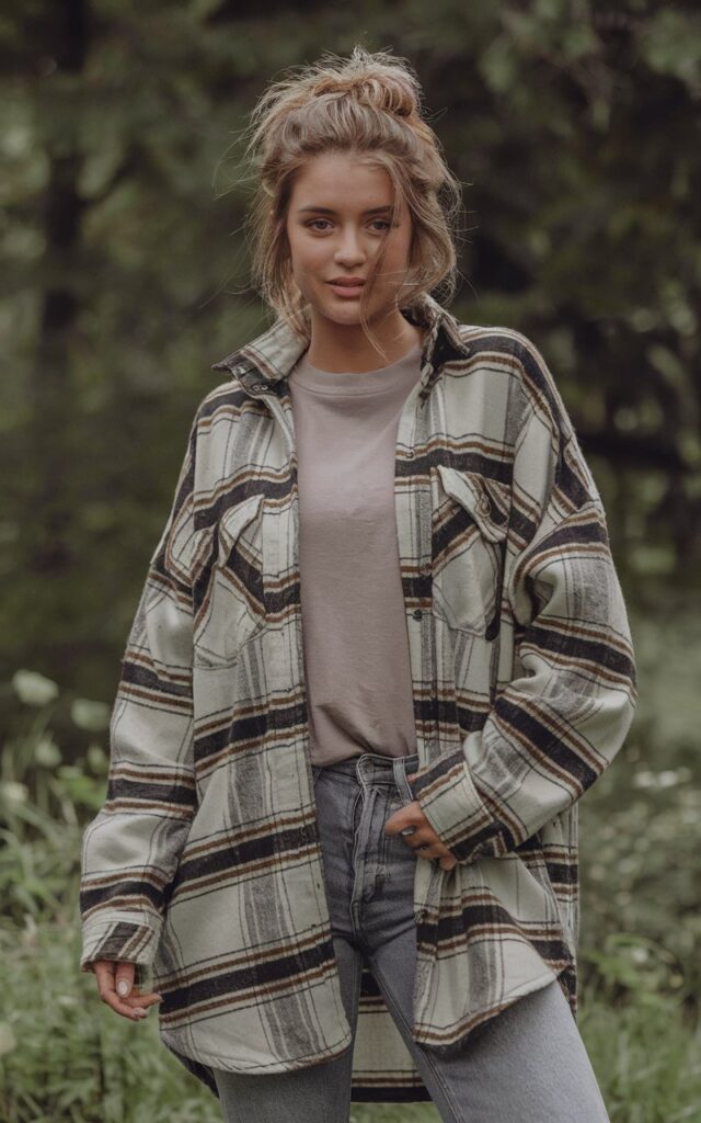 A natural-looking young woman wearing an oversized flannel layered over a solid tee with casual jeans. Theme tomboy outfits