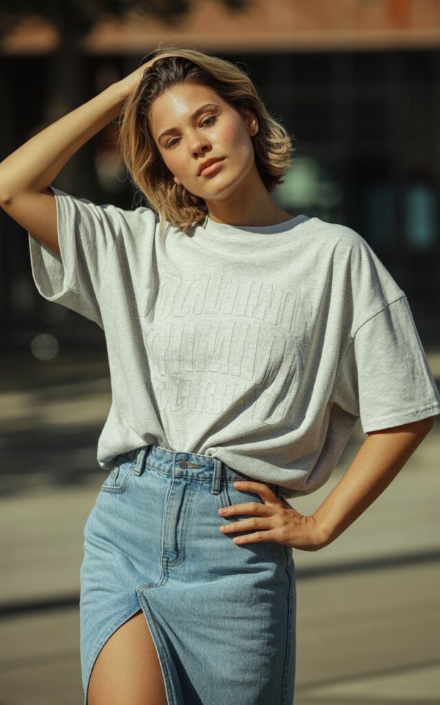 A natural-looking young woman wearing an oversized graphic tee styled with a high-slit denim skirt. Theme jean skirt outfits