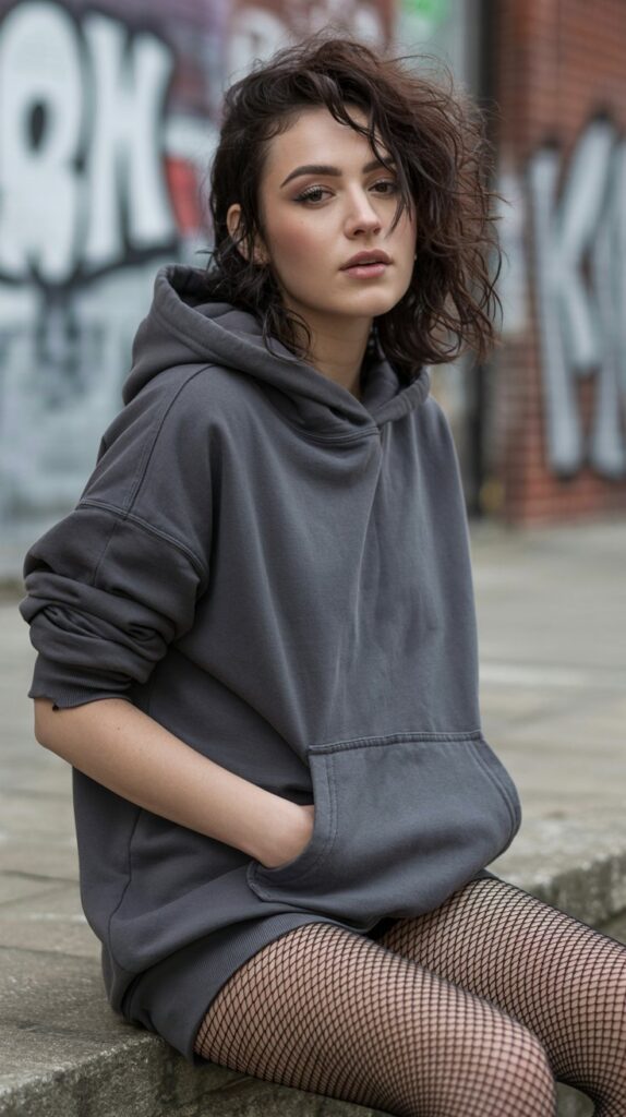 A natural-looking young woman wearing an oversized hoodie paired with fishnet tights. Theme emo outfits
