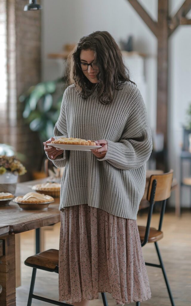 A natural-looking young woman wearing an oversized knit sweater layered over a flowy midi dress. Theme thanksgiving outfit