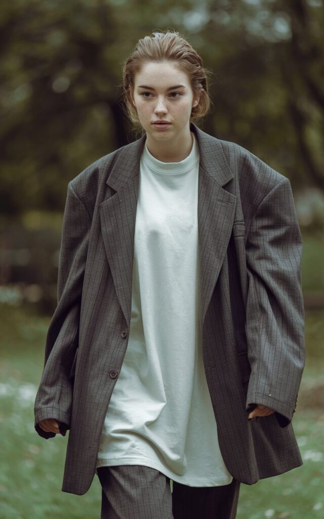 A natural-looking young woman wearing an oversized white tee layered under a structured blazer with sneakers. Theme tomboy outfits