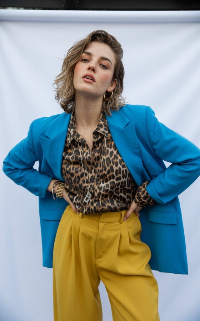 A natural-looking young woman wearing animal print paired with bold color-blocking pieces. Theme quirky fashion