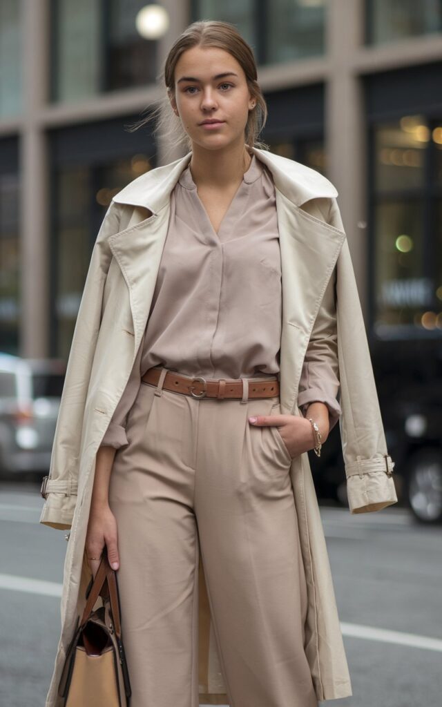 A natural-looking young woman wearing ankle-length pants styled with a tucked-in blouse. Theme fashion inspo outfits