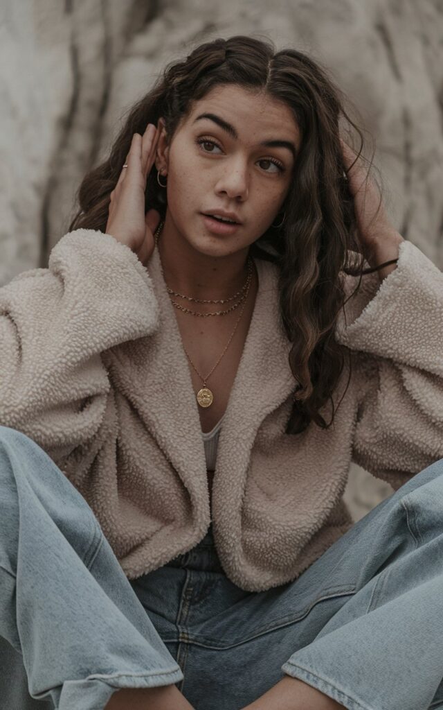A natural-looking young woman wearing baggy jeans accessorized with minimal gold or silver jewelry. Theme baggy jeans outfit winter