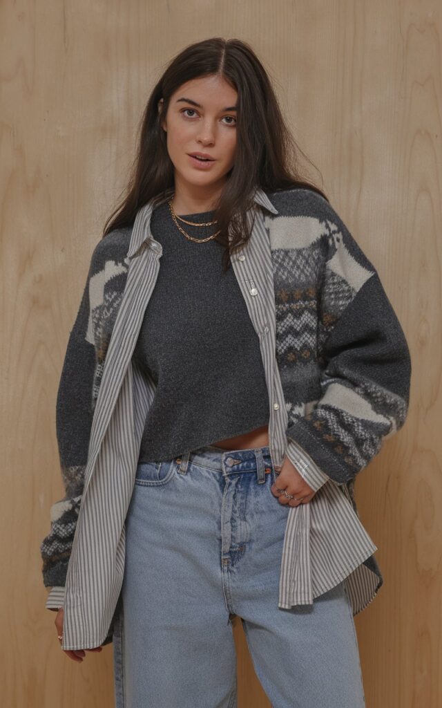A natural-looking young woman wearing baggy jeans layered with a button-down shirt under a cozy crewneck sweater. Theme baggy jeans outfit winter