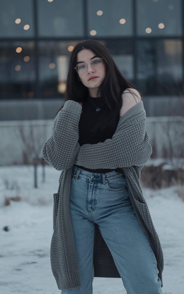 A natural-looking young woman wearing baggy jeans layered with a longline cardigan for effortless winter styling. Theme baggy jeans outfit winter