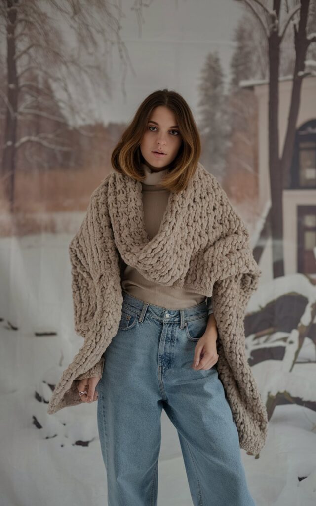 A natural-looking young woman wearing baggy jeans paired with a chunky neutral-toned scarf. Theme baggy jeans outfit winter