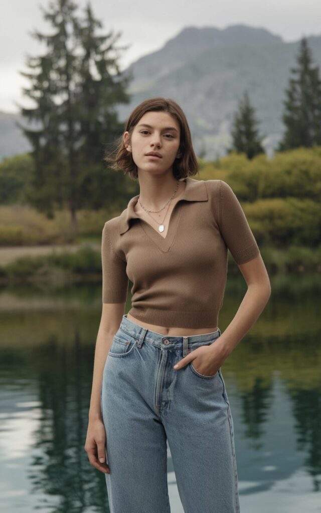 A natural-looking young woman wearing baggy jeans paired with a tailored knit polo or structured sweater. Theme baggy jeans outfit winter