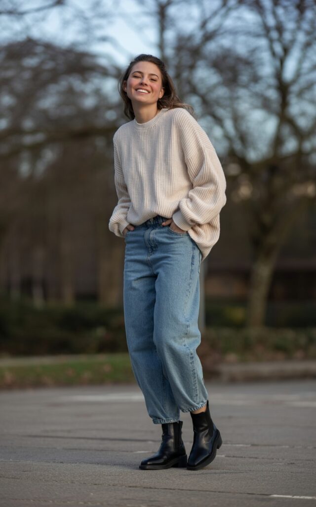 A natural-looking young woman wearing baggy jeans paired with an oversized sweater and sleek ankle boots. Theme baggy jeans outfit winter