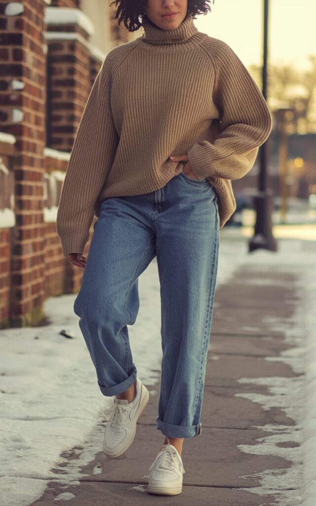 A natural-looking young woman wearing baggy jeans paired with clean sneakers or classic Chelsea boots. Theme baggy jeans outfit winter