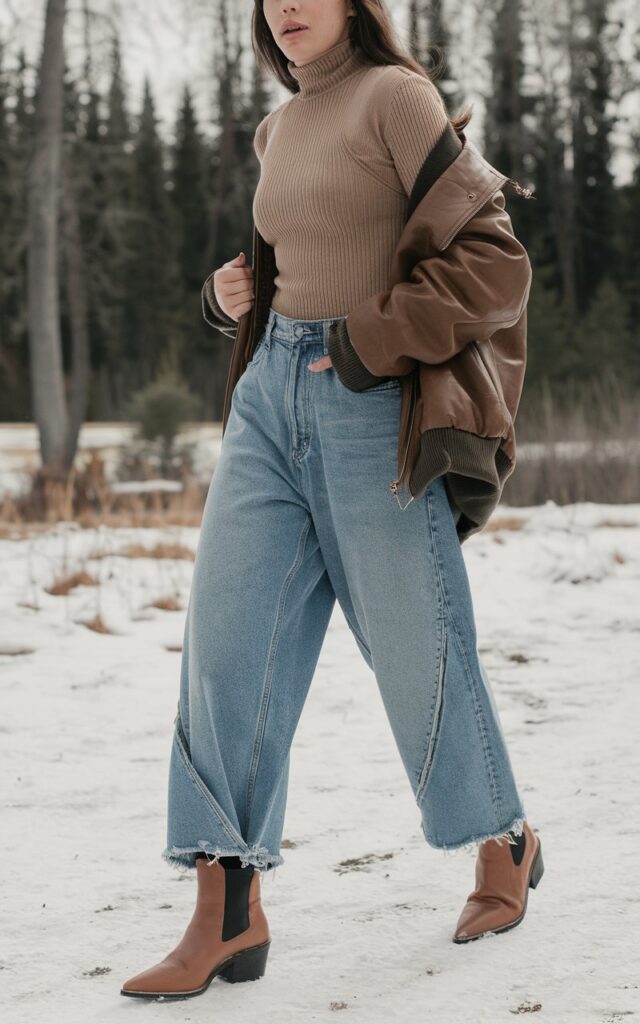 A natural-looking young woman wearing baggy jeans paired with pointed-toe boots or heeled loafers. Theme baggy jeans outfit winter