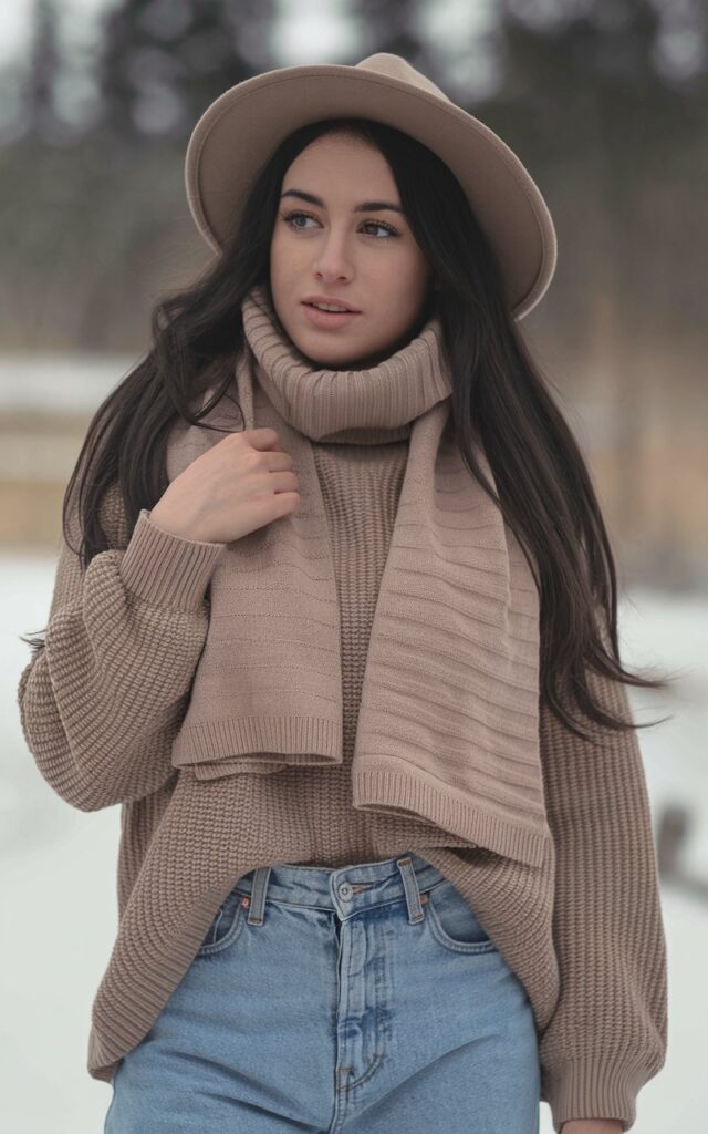 A natural-looking young woman wearing baggy jeans styled in a monochrome winter color palette from head to toe. Theme baggy jeans outfit winter