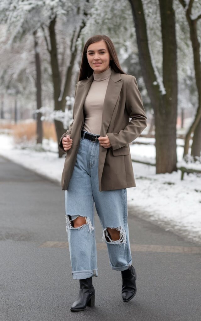 A natural-looking young woman wearing baggy jeans styled with a belted blazer for a polished street-style look. Theme baggy jeans outfit winter